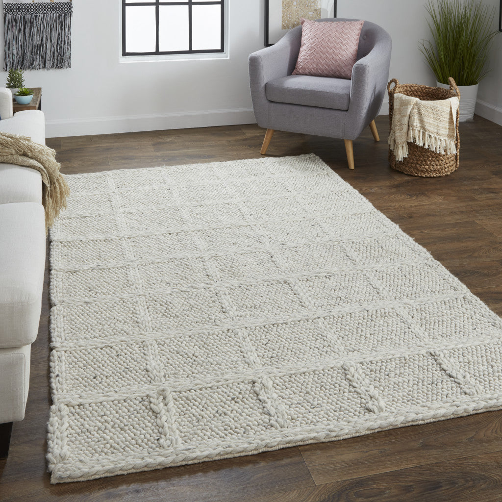 5' X 8' Ivory And Gray Wool Plaid Hand Woven Stain Resistant Area Rug