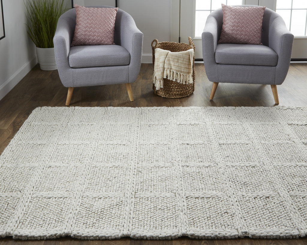 5' X 8' Ivory And Gray Wool Plaid Hand Woven Stain Resistant Area Rug