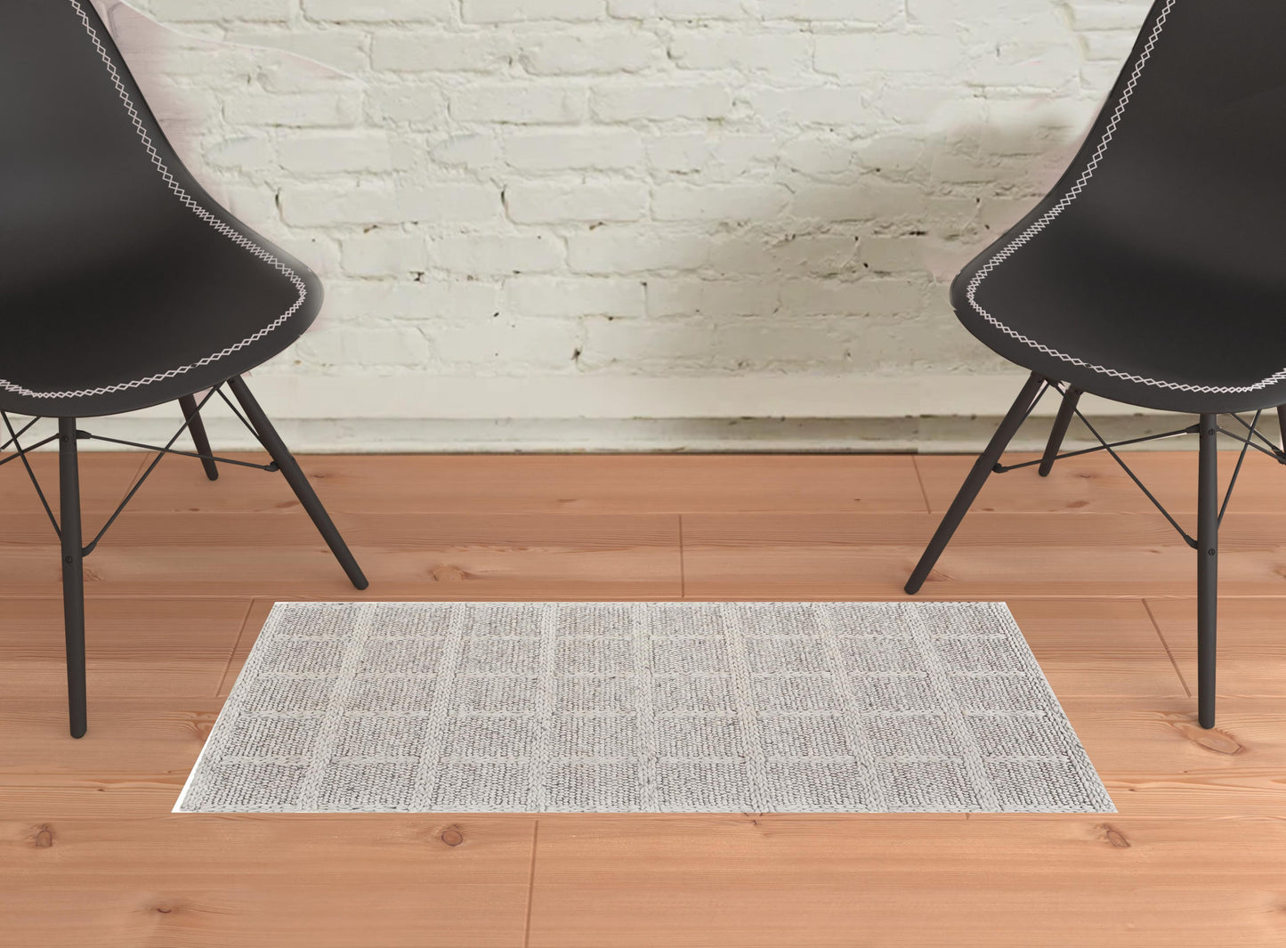 5' X 8' Ivory And Gray Wool Plaid Hand Woven Stain Resistant Area Rug