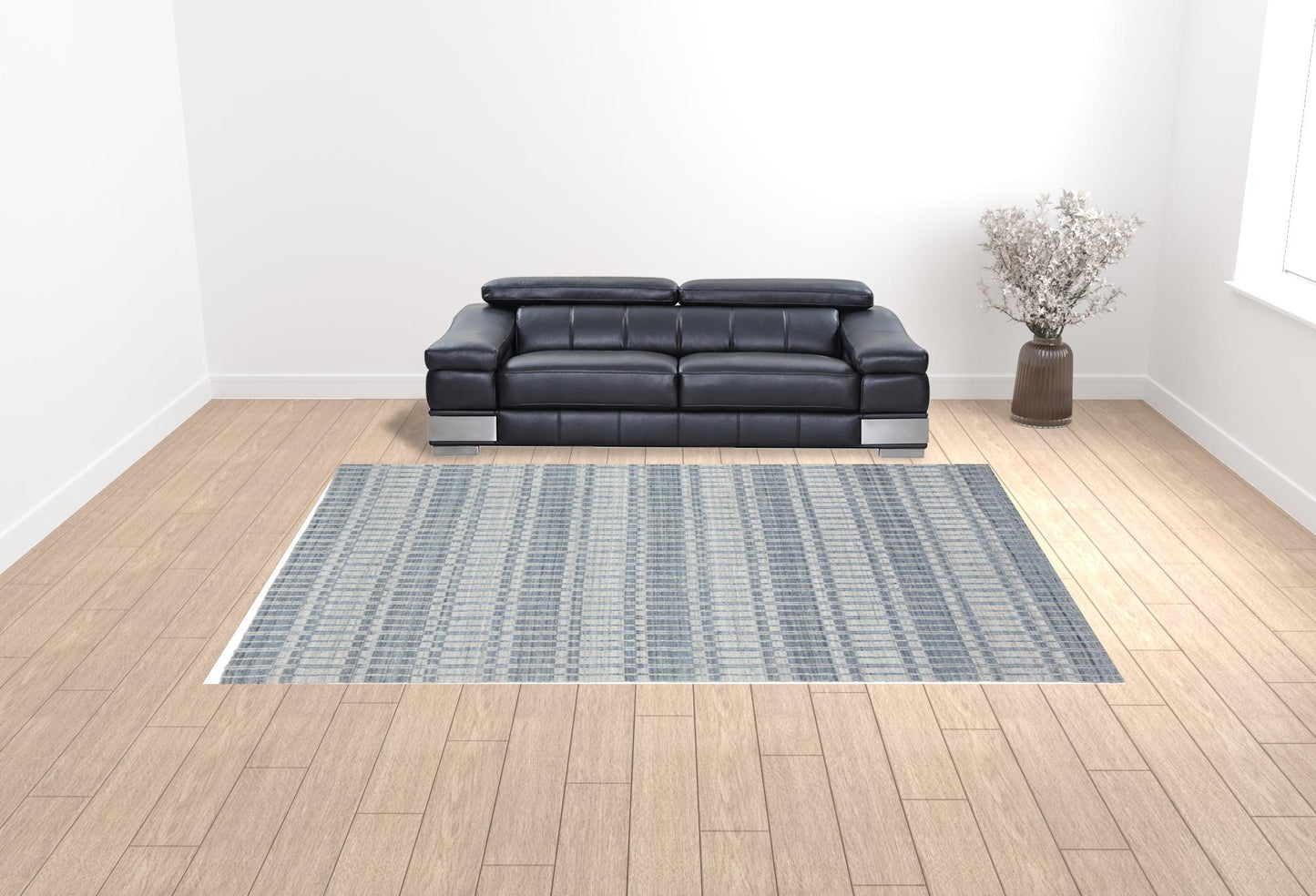 9' X 13' Blue Gray And Ivory Striped Hand Woven Area Rug