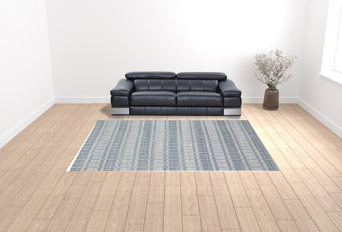 9' X 13' Blue Gray And Ivory Striped Hand Woven Area Rug