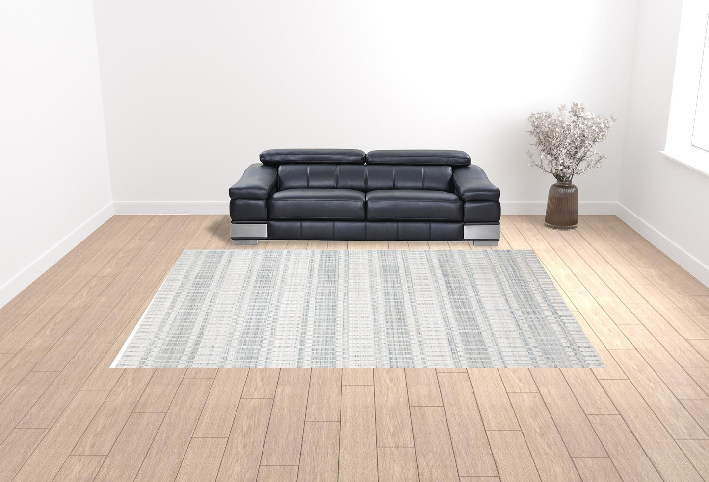 9' X 13' Blue Gray And Ivory Striped Hand Woven Area Rug