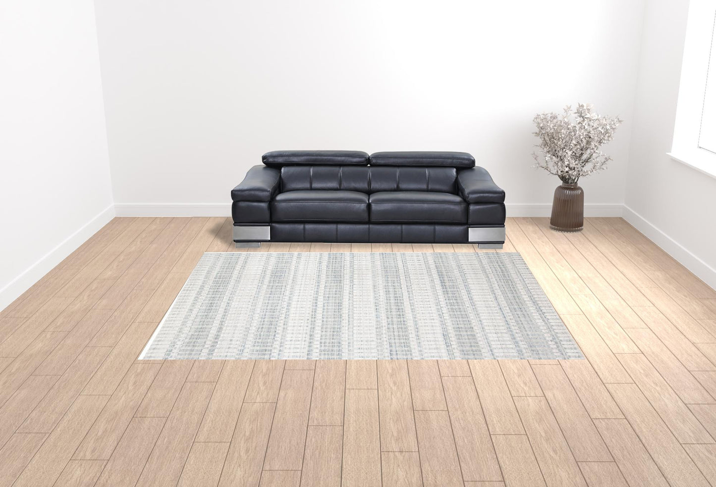 9' X 13' Blue Gray And Ivory Striped Hand Woven Area Rug