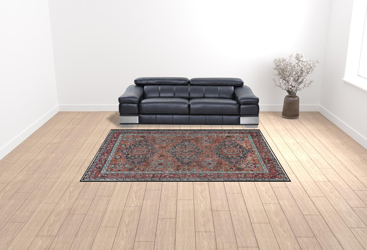 9' X 12' Red Orange And Blue Wool Floral Hand Knotted Distressed Stain Resistant Area Rug With Fringe