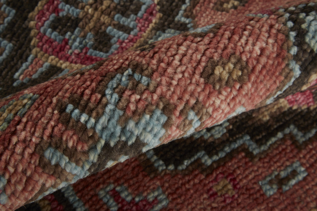 9' X 12' Red Orange And Blue Wool Floral Hand Knotted Distressed Stain Resistant Area Rug With Fringe