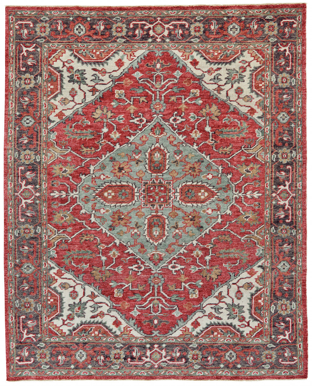 2' X 3' Red Gray And Ivory Wool Floral Hand Knotted Distressed Stain Resistant Area Rug With Fringe