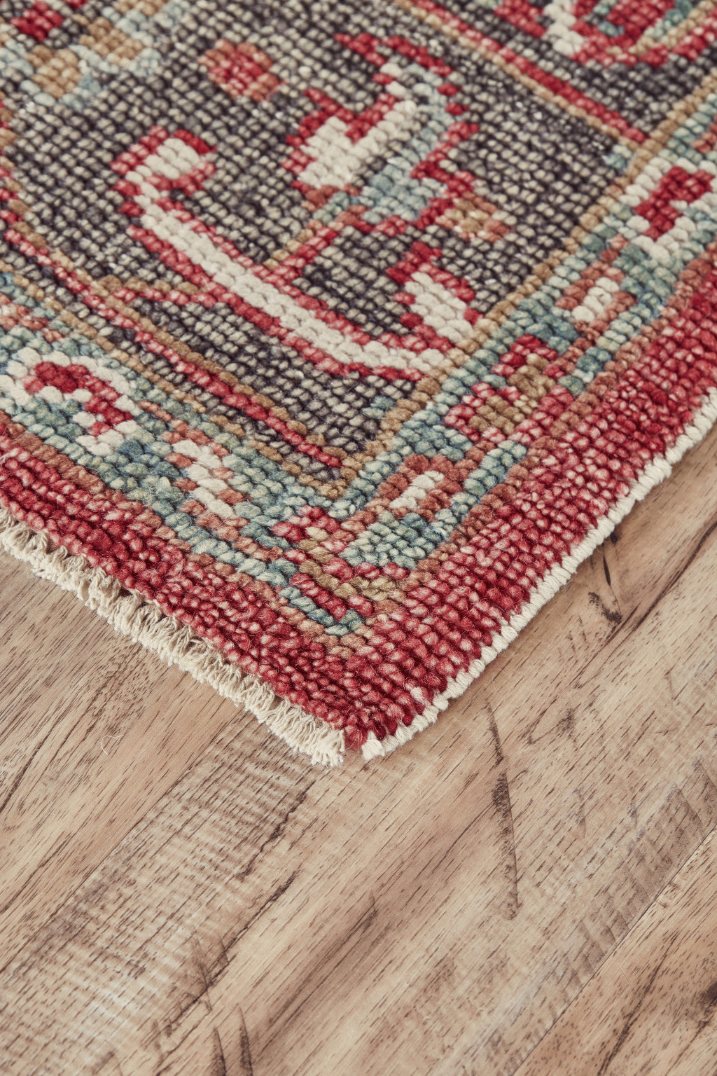 2' X 3' Red Gray And Ivory Wool Floral Hand Knotted Distressed Stain Resistant Area Rug With Fringe