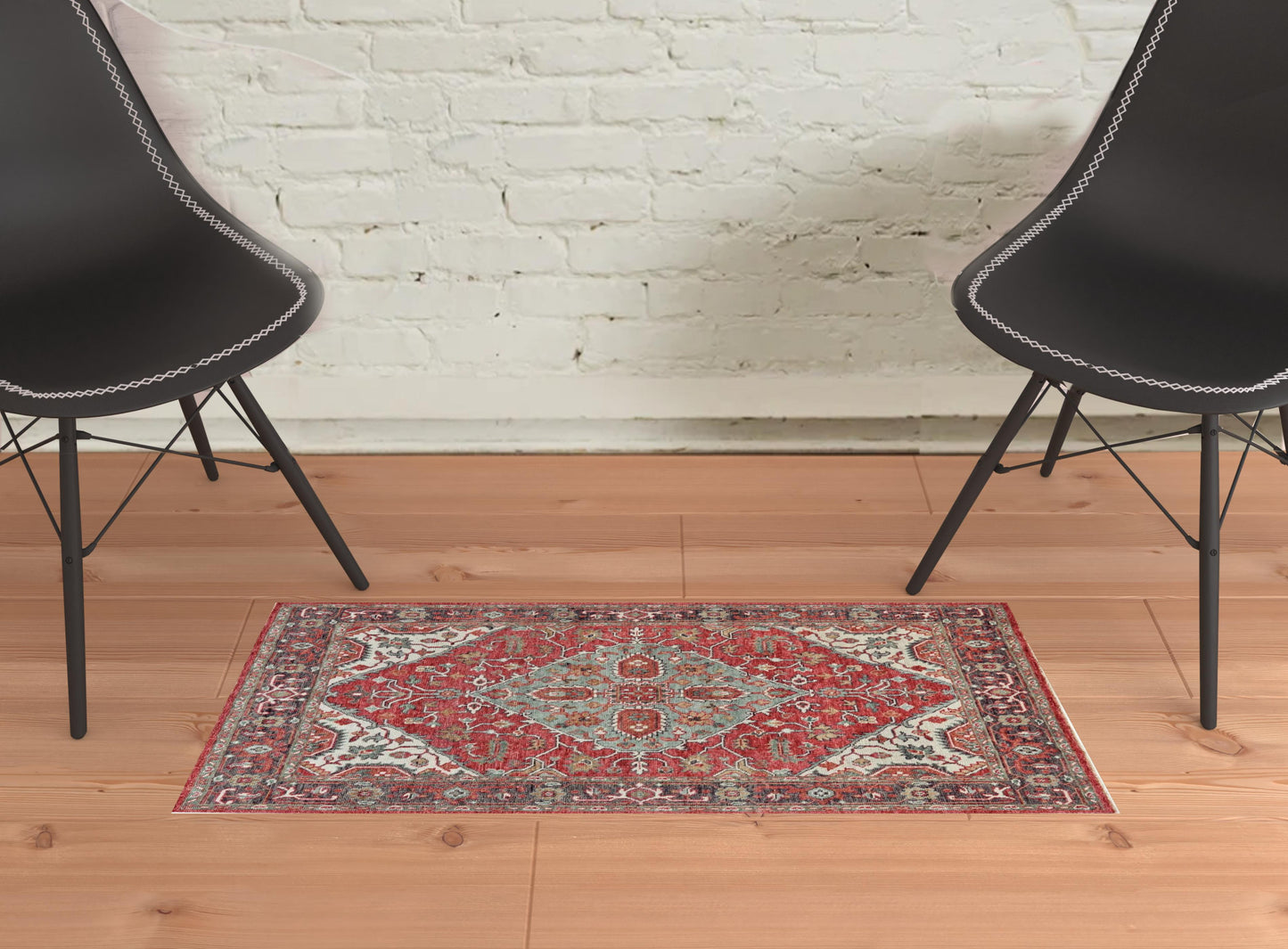 2' X 3' Red Gray And Ivory Wool Floral Hand Knotted Distressed Stain Resistant Area Rug With Fringe