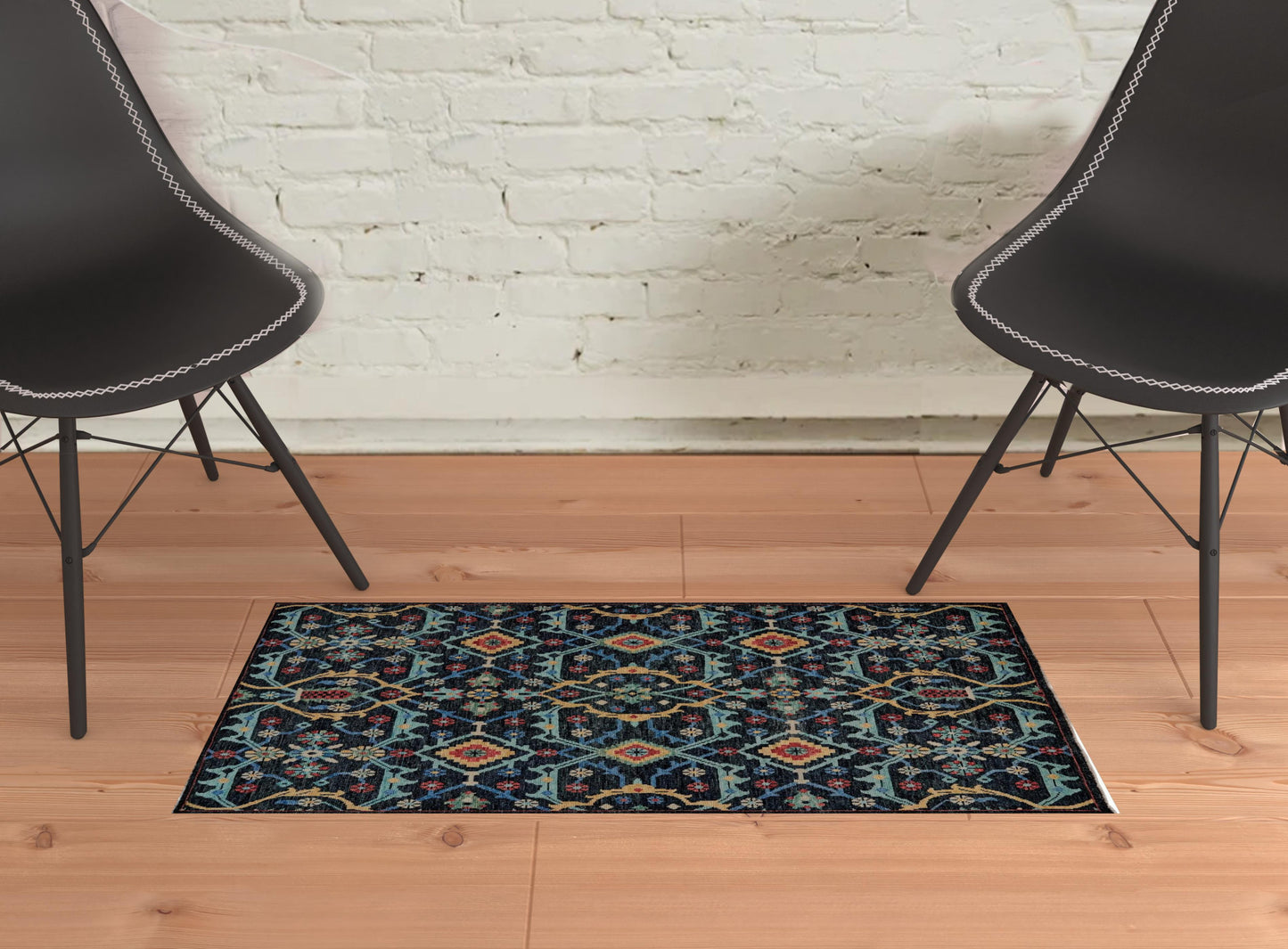 2' X 3' Blue Yellow And Red Wool Floral Hand Knotted Distressed Stain Resistant Area Rug With Fringe