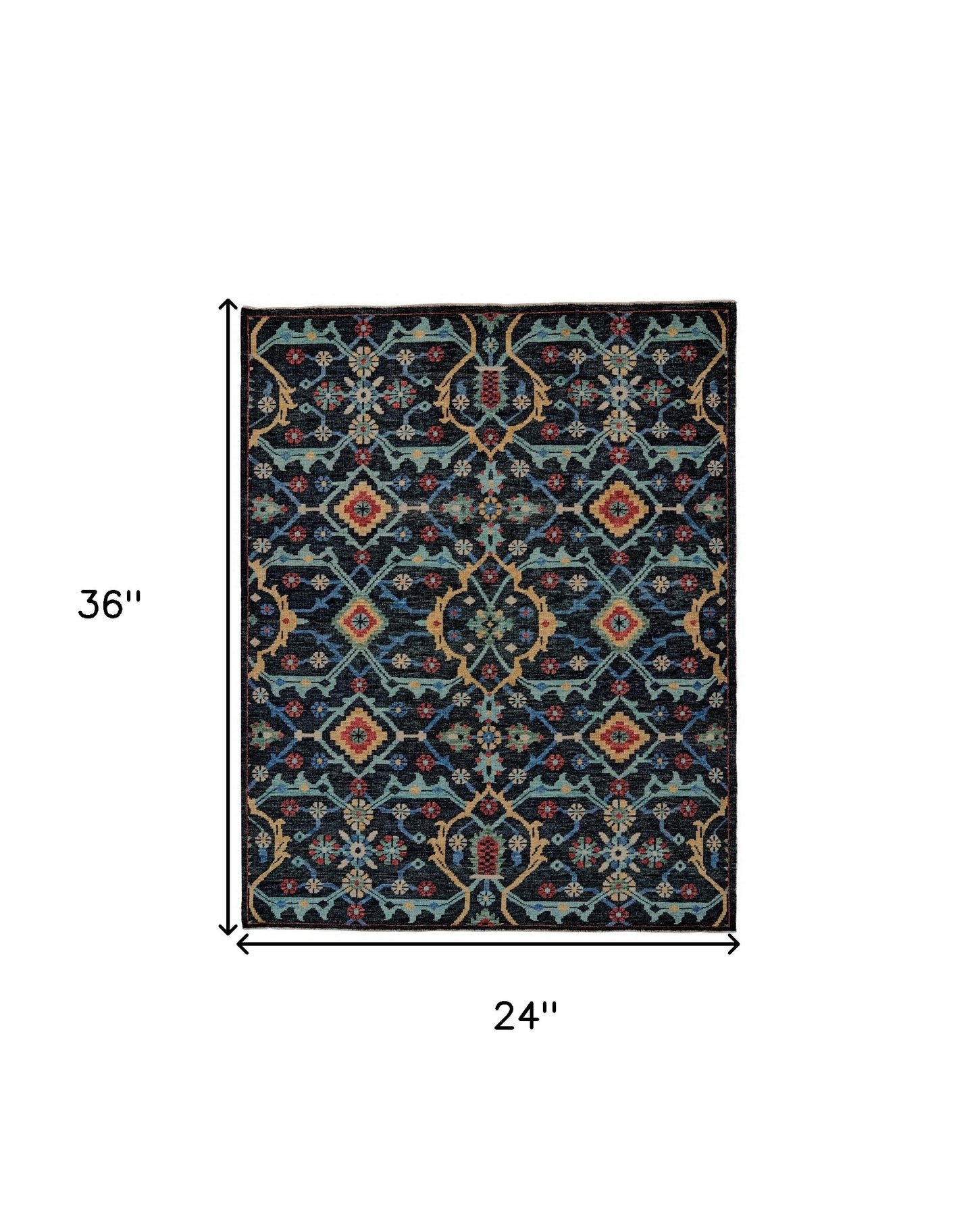2' X 3' Blue Yellow And Red Wool Floral Hand Knotted Distressed Stain Resistant Area Rug With Fringe