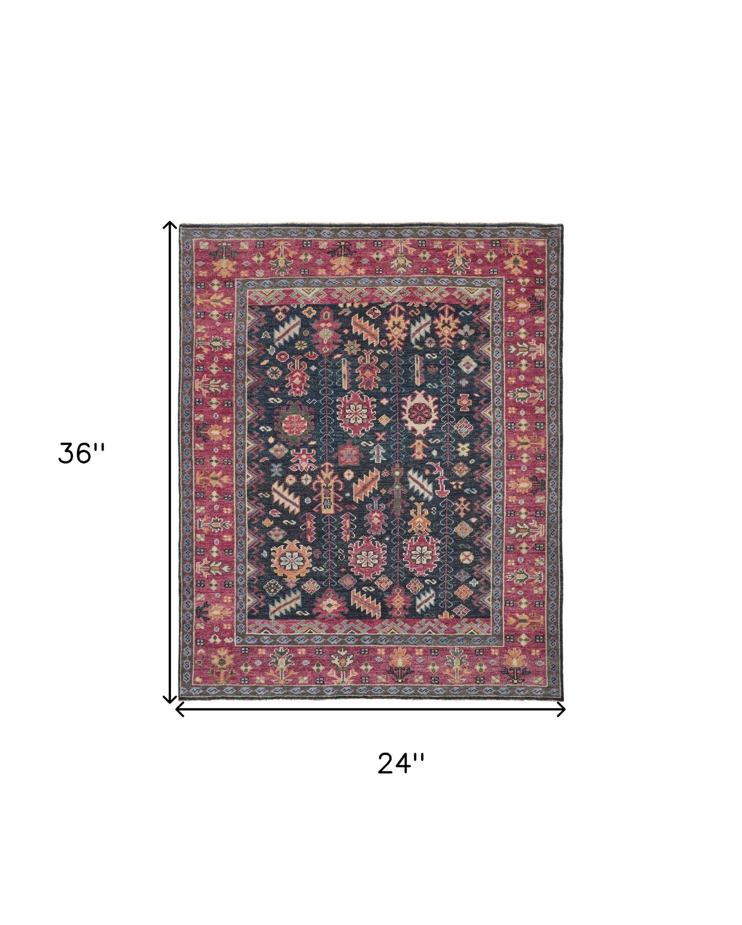 2' X 3' Pink Blue And Orange Wool Floral Hand Knotted Distressed Stain Resistant Area Rug With Fringe