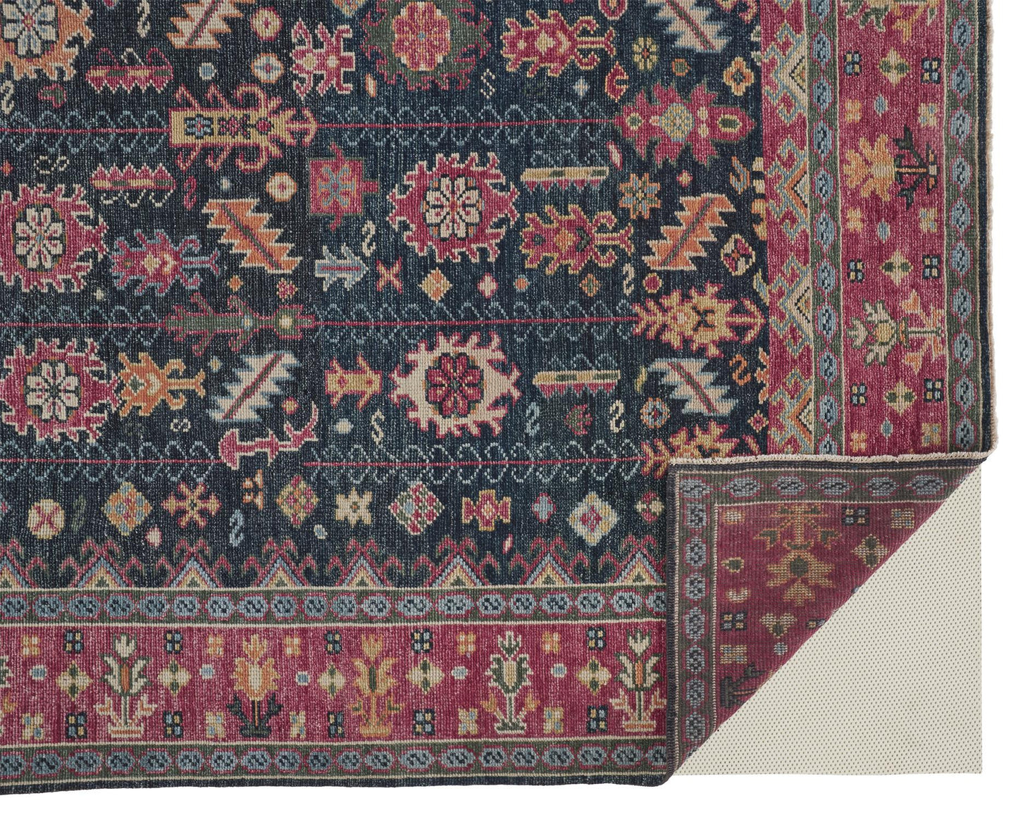 2' X 3' Pink Blue And Orange Wool Floral Hand Knotted Distressed Stain Resistant Area Rug With Fringe