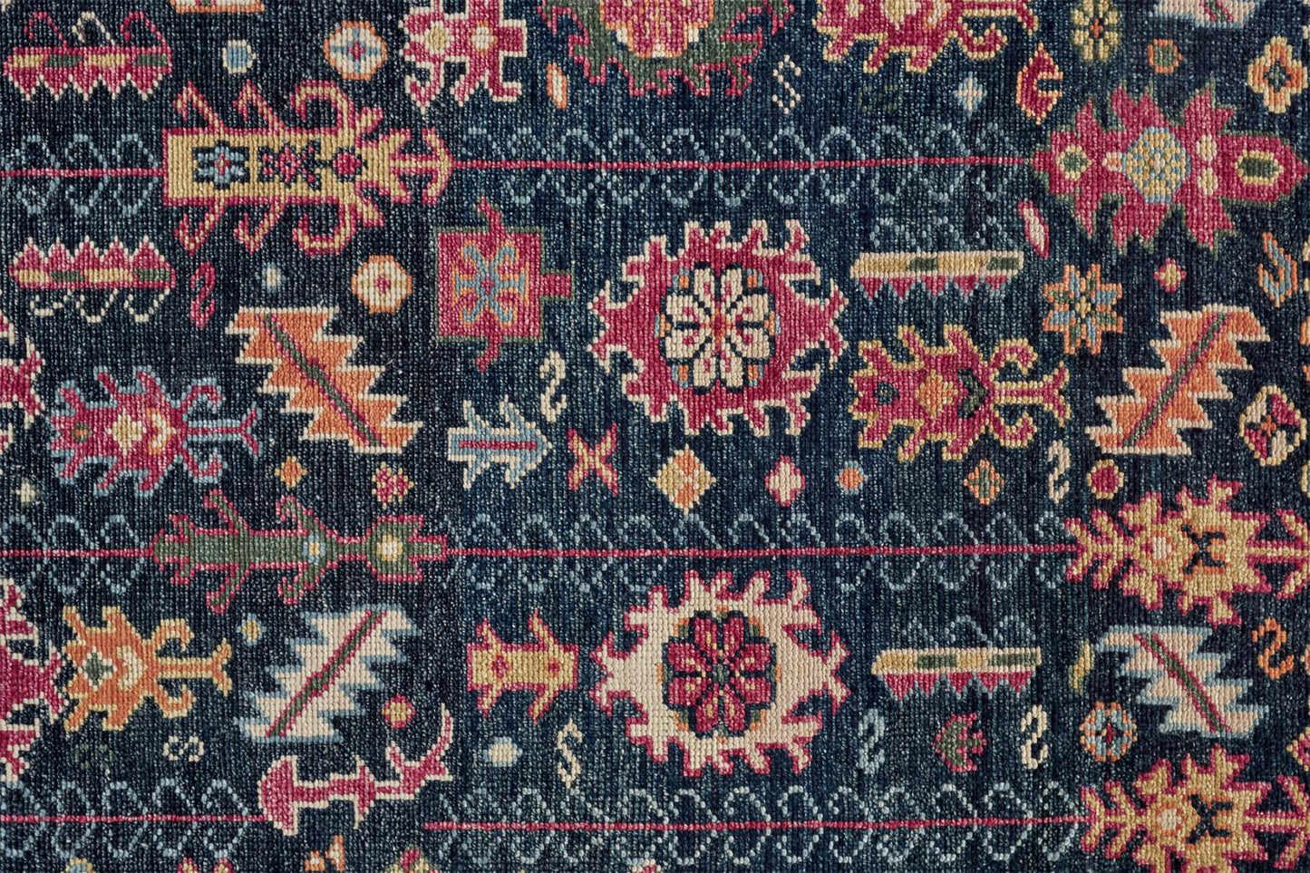 2' X 3' Pink Blue And Orange Wool Floral Hand Knotted Distressed Stain Resistant Area Rug With Fringe