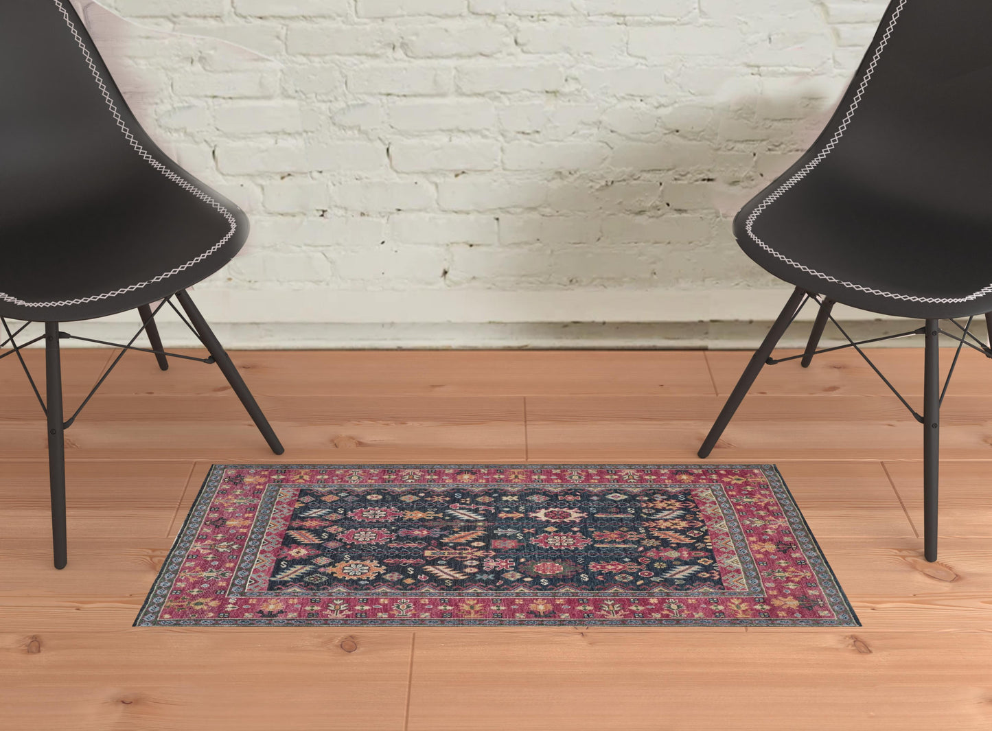 2' X 3' Pink Blue And Orange Wool Floral Hand Knotted Distressed Stain Resistant Area Rug With Fringe