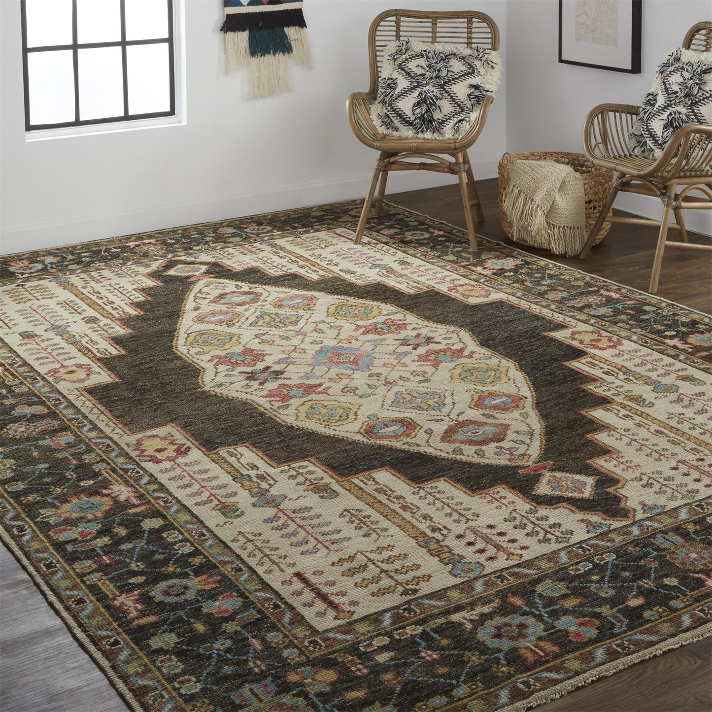 9' X 12' Brown Yellow And Green Wool Floral Hand Knotted Distressed Stain Resistant Area Rug With Fringe