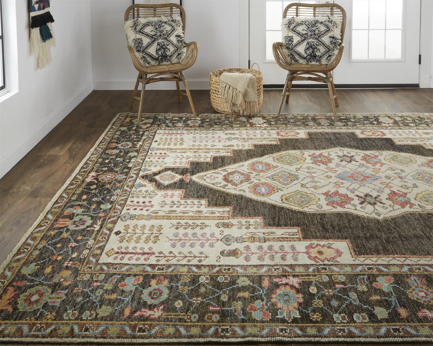 9' X 12' Brown Yellow And Green Wool Floral Hand Knotted Distressed Stain Resistant Area Rug With Fringe