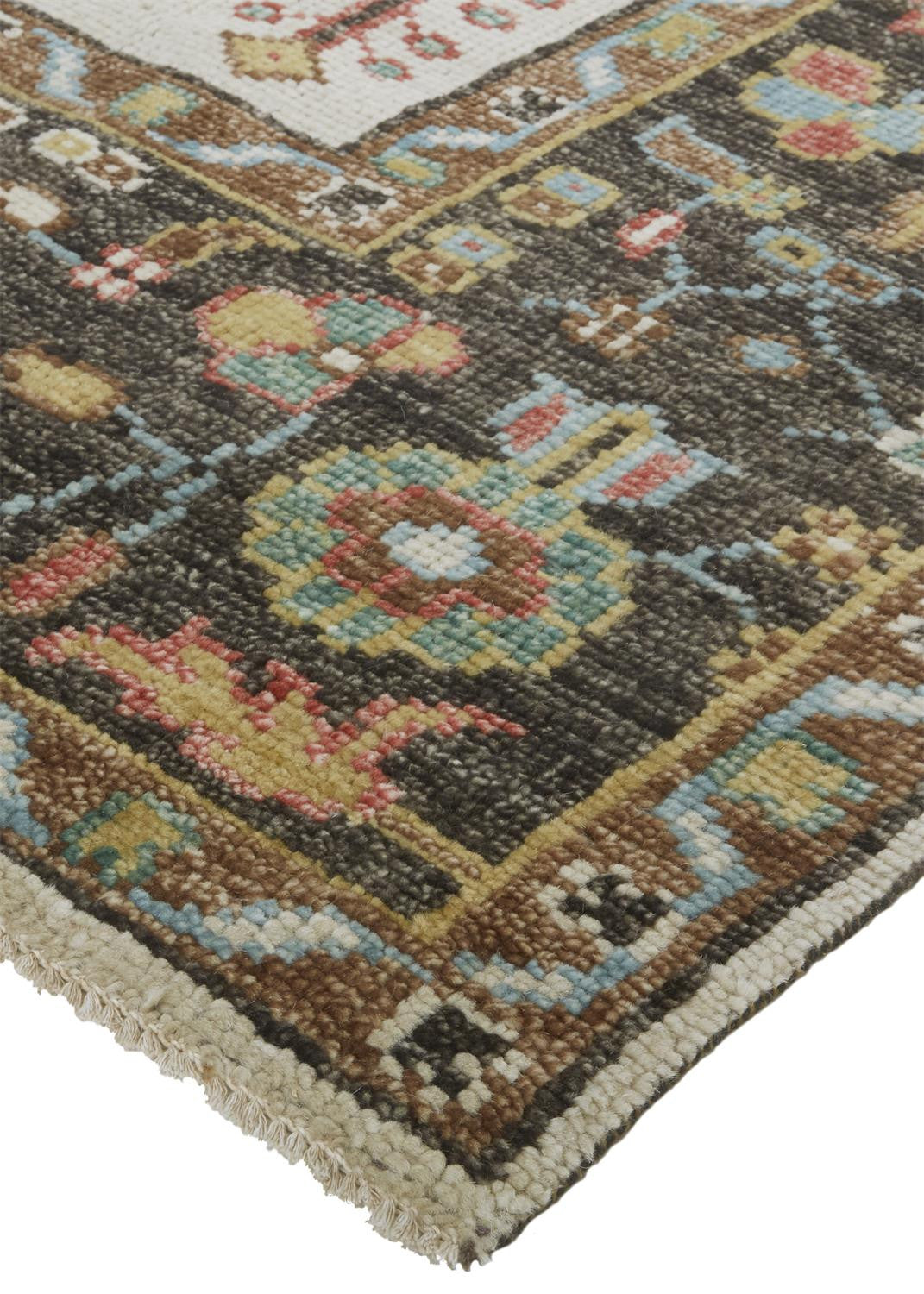 9' X 12' Brown Yellow And Green Wool Floral Hand Knotted Distressed Stain Resistant Area Rug With Fringe