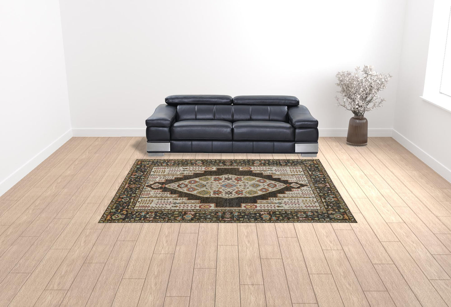 9' X 12' Brown Yellow And Green Wool Floral Hand Knotted Distressed Stain Resistant Area Rug With Fringe