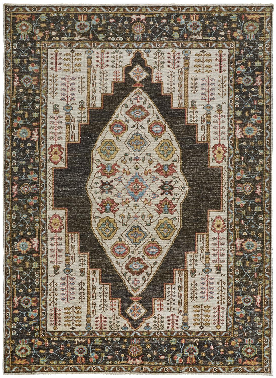9' X 12' Brown Yellow And Green Wool Floral Hand Knotted Distressed Stain Resistant Area Rug With Fringe
