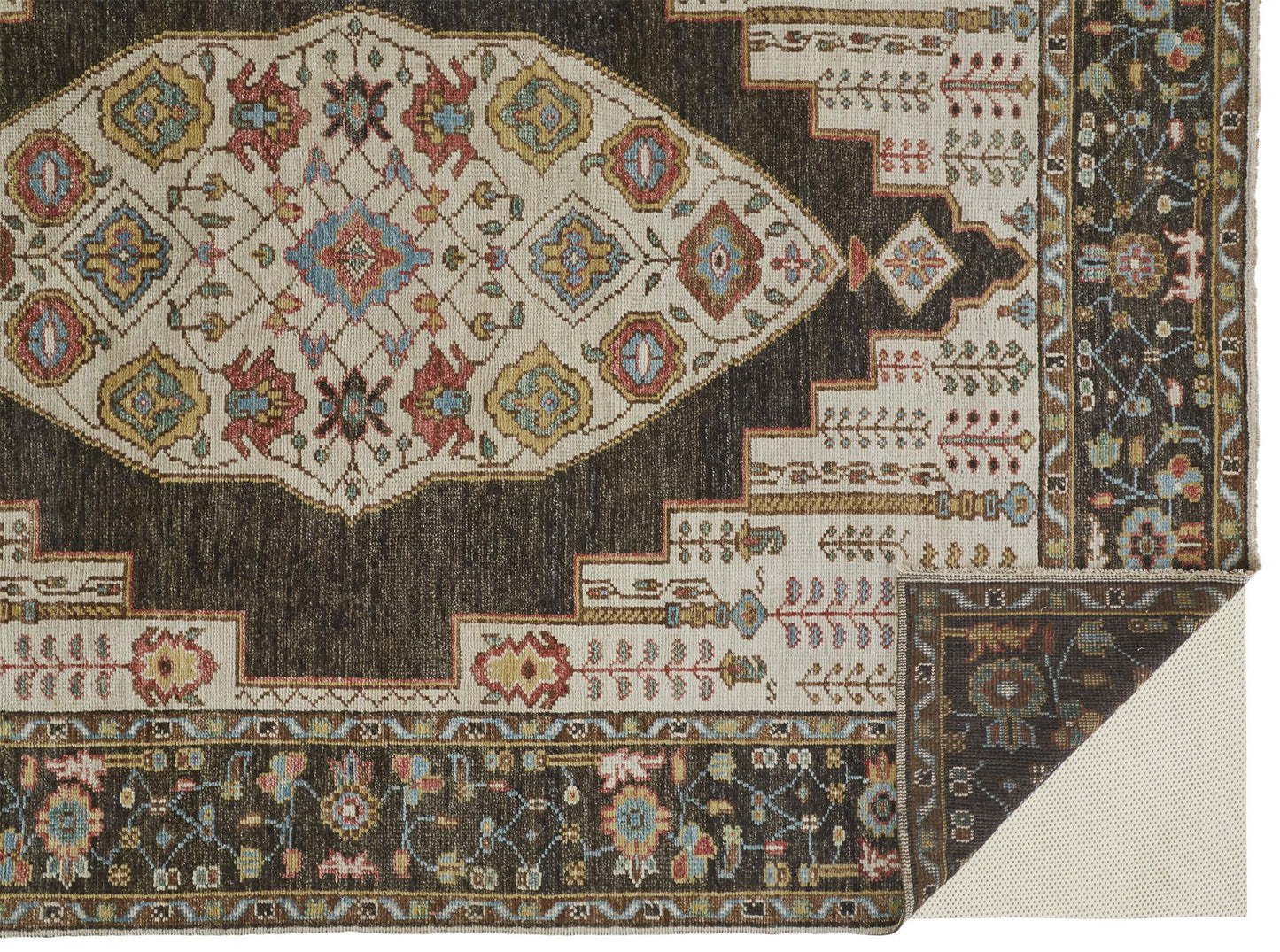 9' X 12' Brown Yellow And Green Wool Floral Hand Knotted Distressed Stain Resistant Area Rug With Fringe