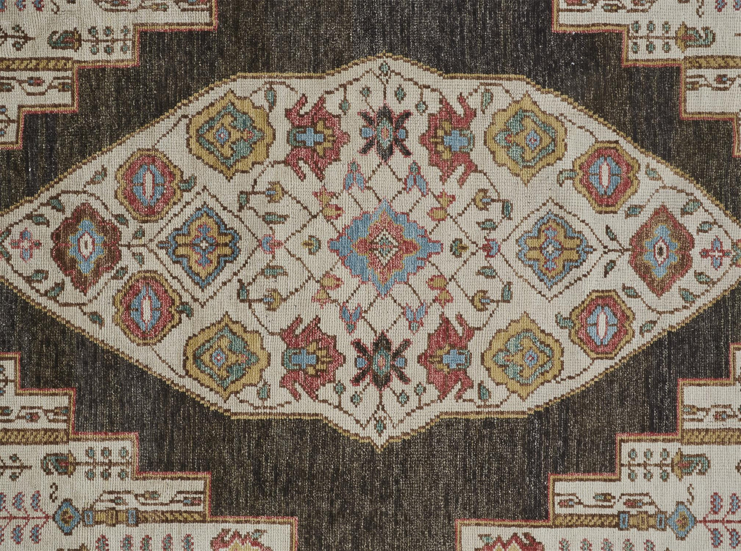 9' X 12' Brown Yellow And Green Wool Floral Hand Knotted Distressed Stain Resistant Area Rug With Fringe