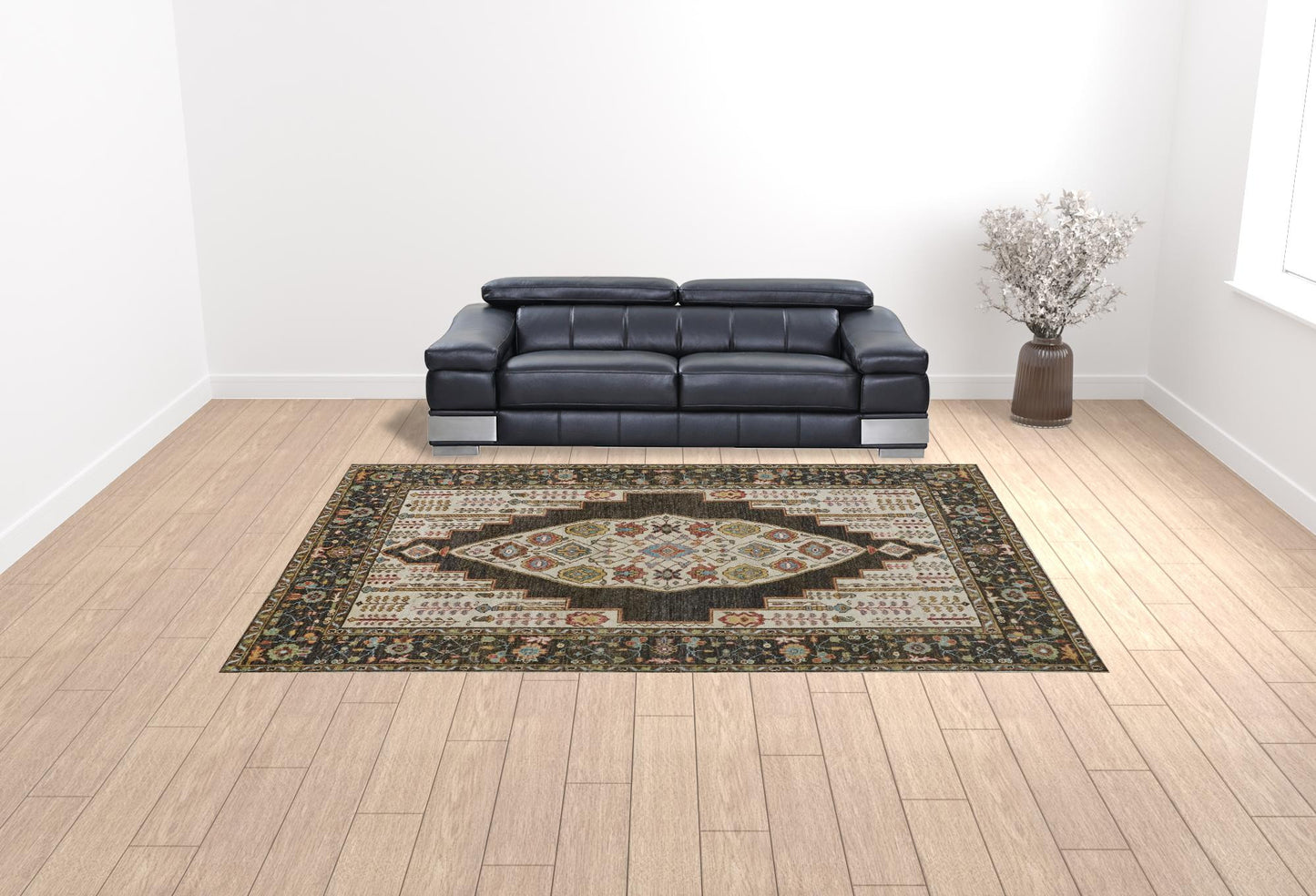 9' X 12' Brown Yellow And Green Wool Floral Hand Knotted Distressed Stain Resistant Area Rug With Fringe