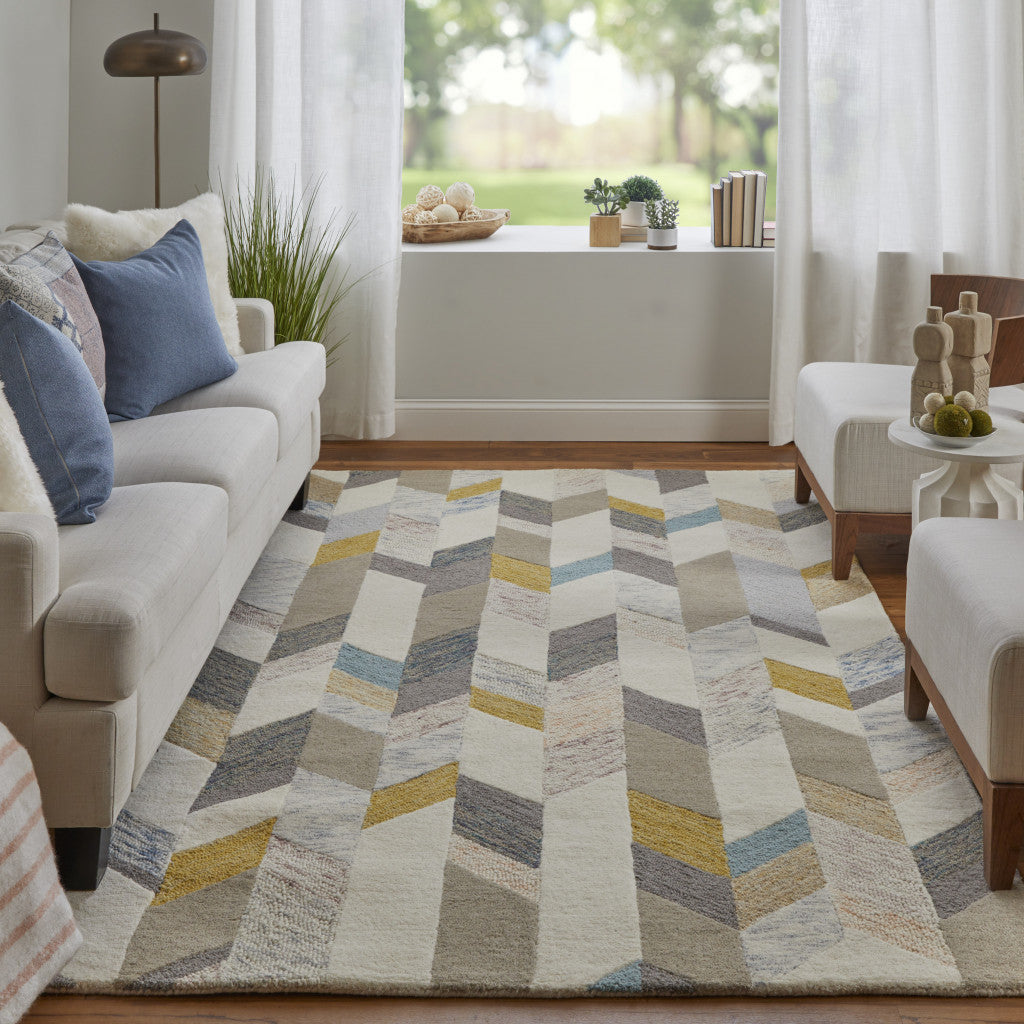 8' X 11' Blue Ivory And Gray Wool Geometric Tufted Handmade Area Rug