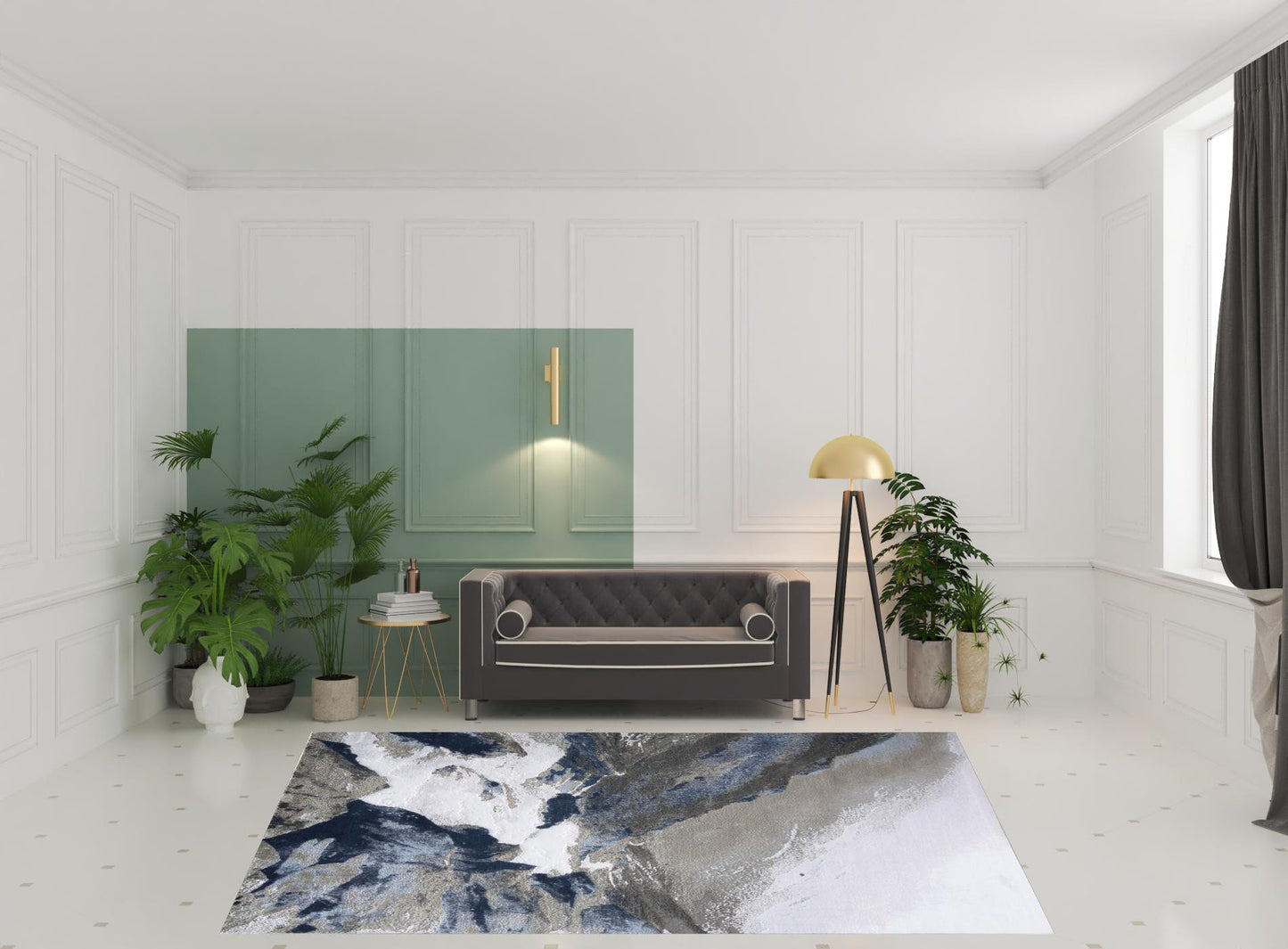 5' X 7' Blue Gray And White Abstract Stain Resistant Area Rug