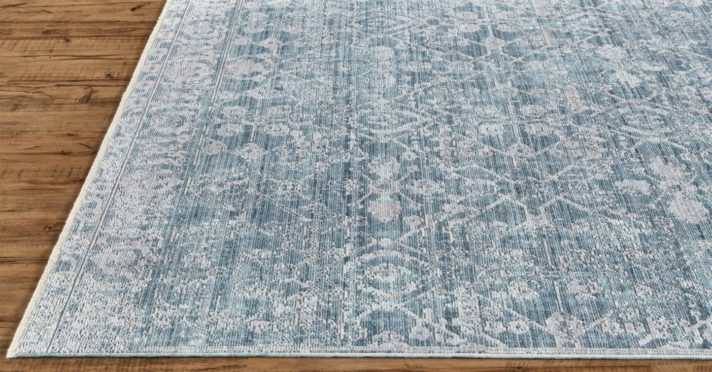 4' X 6' Blue Gray And Silver Abstract Distressed Area Rug With Fringe
