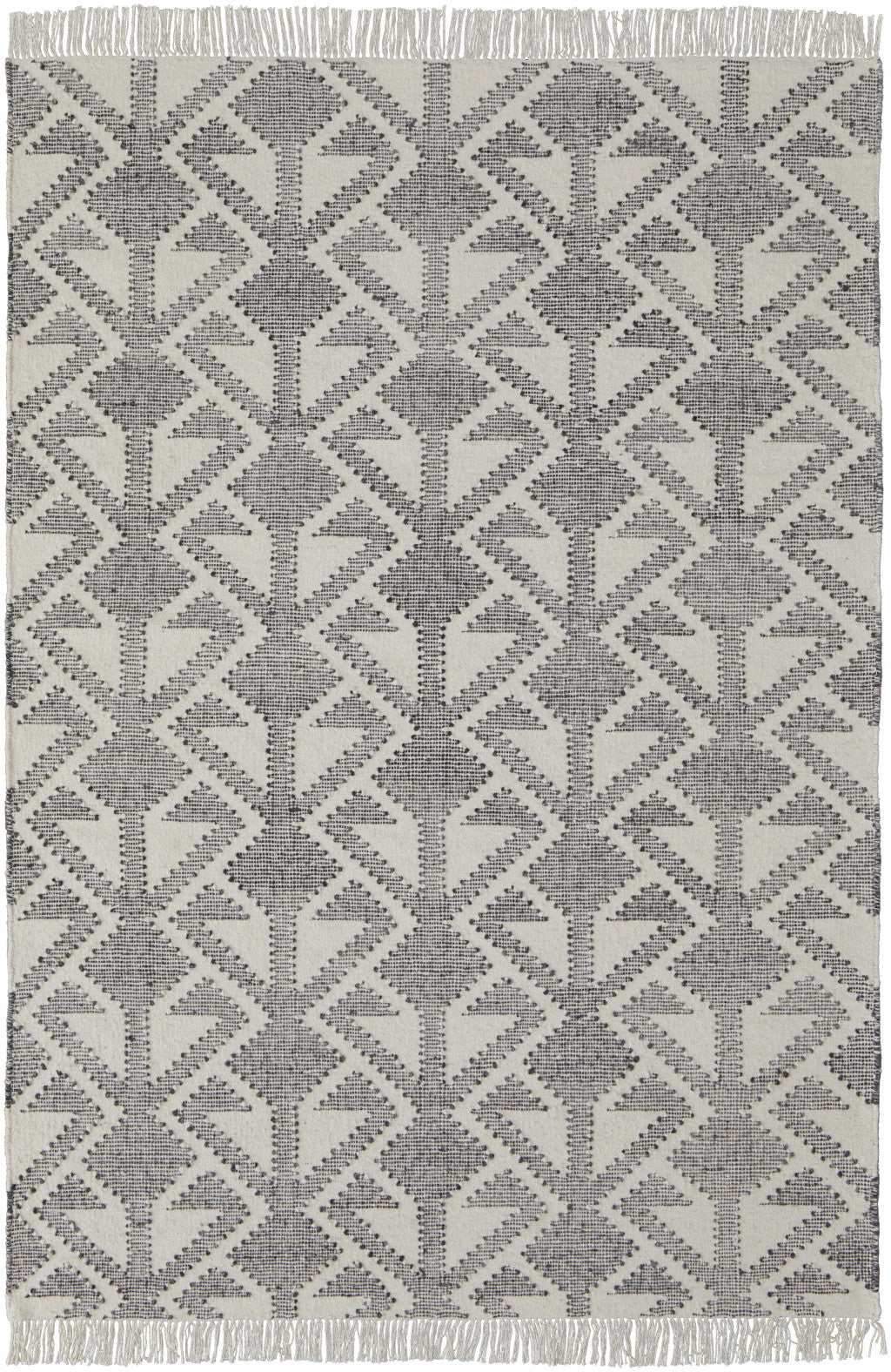 5' X 8' Black Ivory And Gray Wool Geometric Dhurrie Flatweave Handmade Area Rug With Fringe