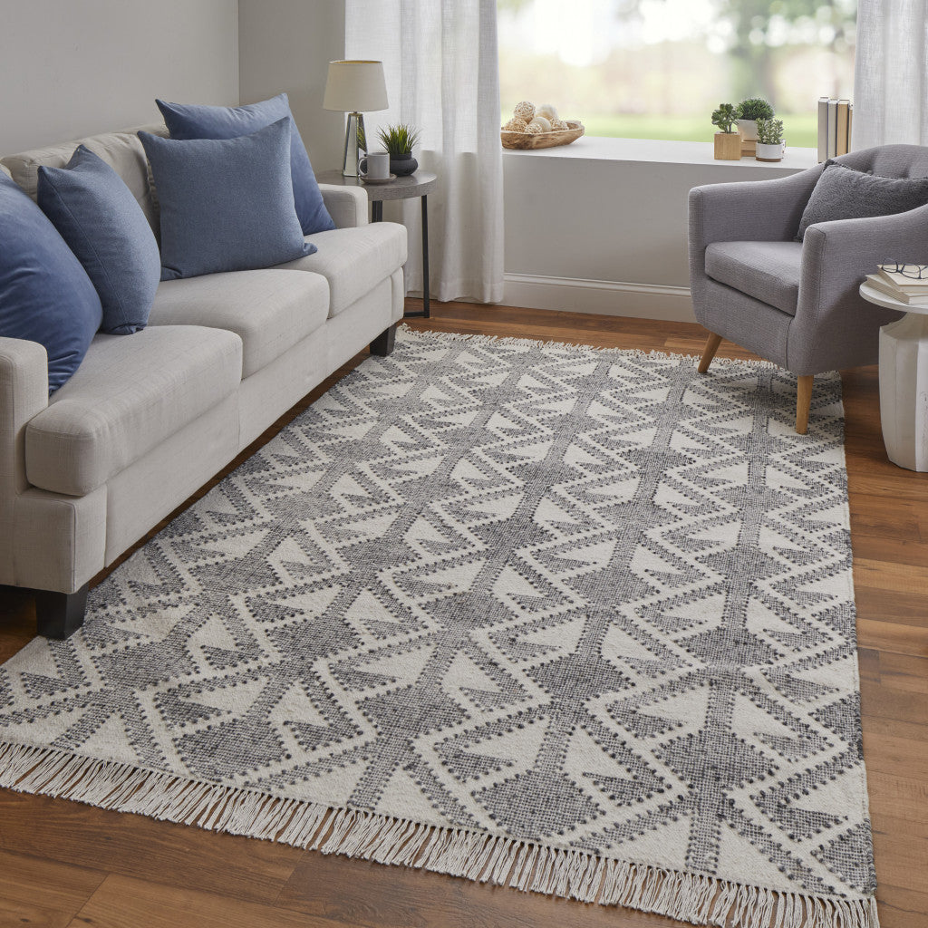 5' X 8' Black Ivory And Gray Wool Geometric Dhurrie Flatweave Handmade Area Rug With Fringe