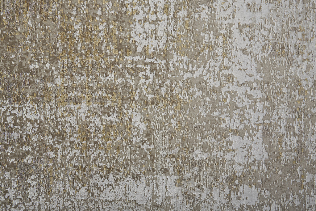 3' X 5' Taupe Ivory And Gold Abstract Power Loom Distressed Area Rug With Fringe
