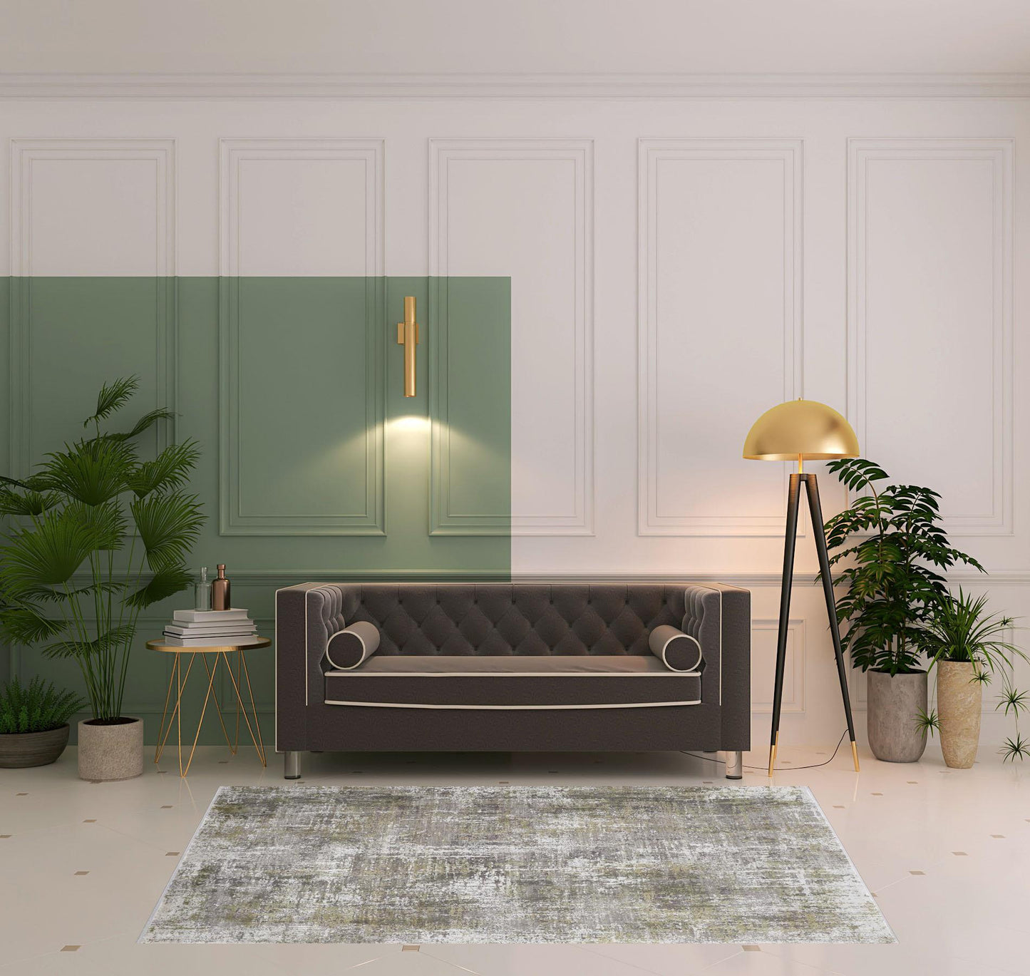 5' X 8' Green Gray And Ivory Abstract Area Rug With Fringe