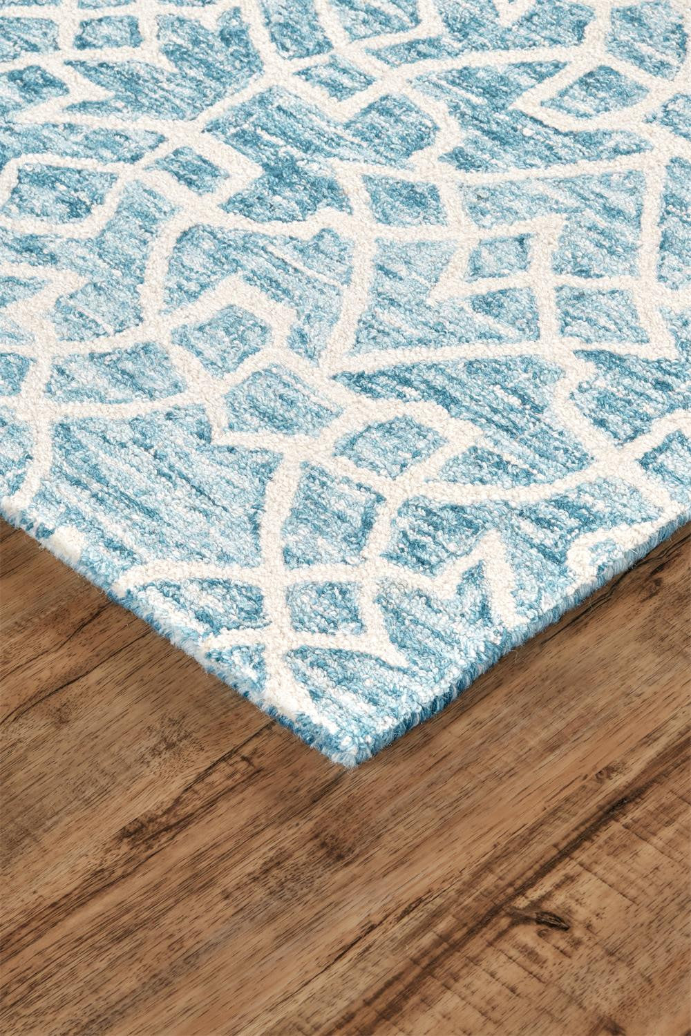 5' X 8' Blue And Ivory Wool Geometric Tufted Handmade Stain Resistant Area Rug