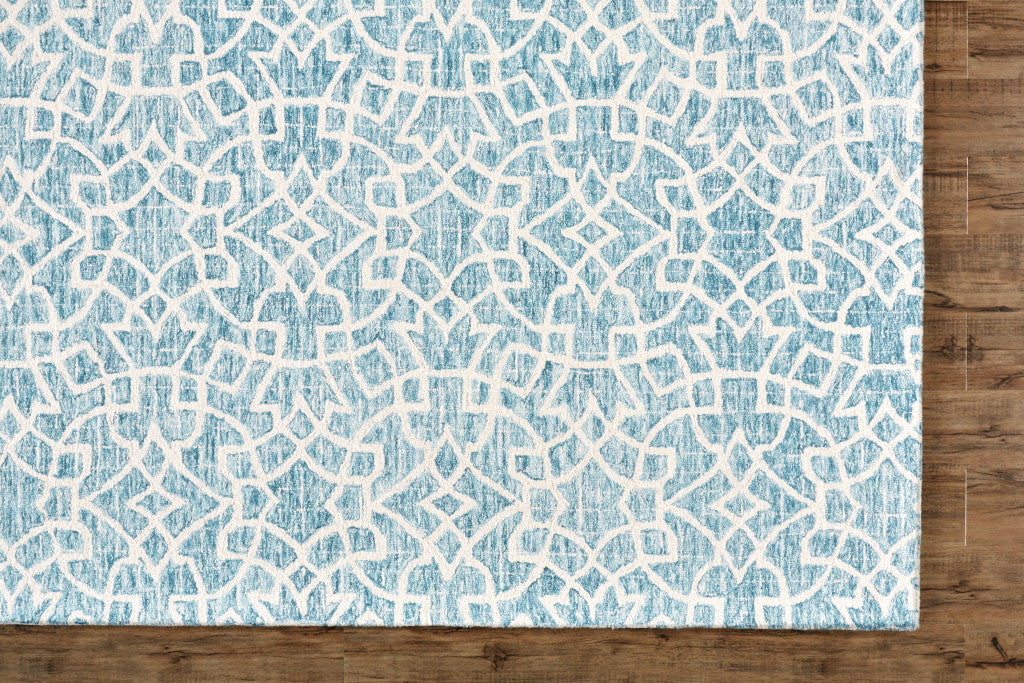 5' X 8' Blue And Ivory Wool Geometric Tufted Handmade Stain Resistant Area Rug