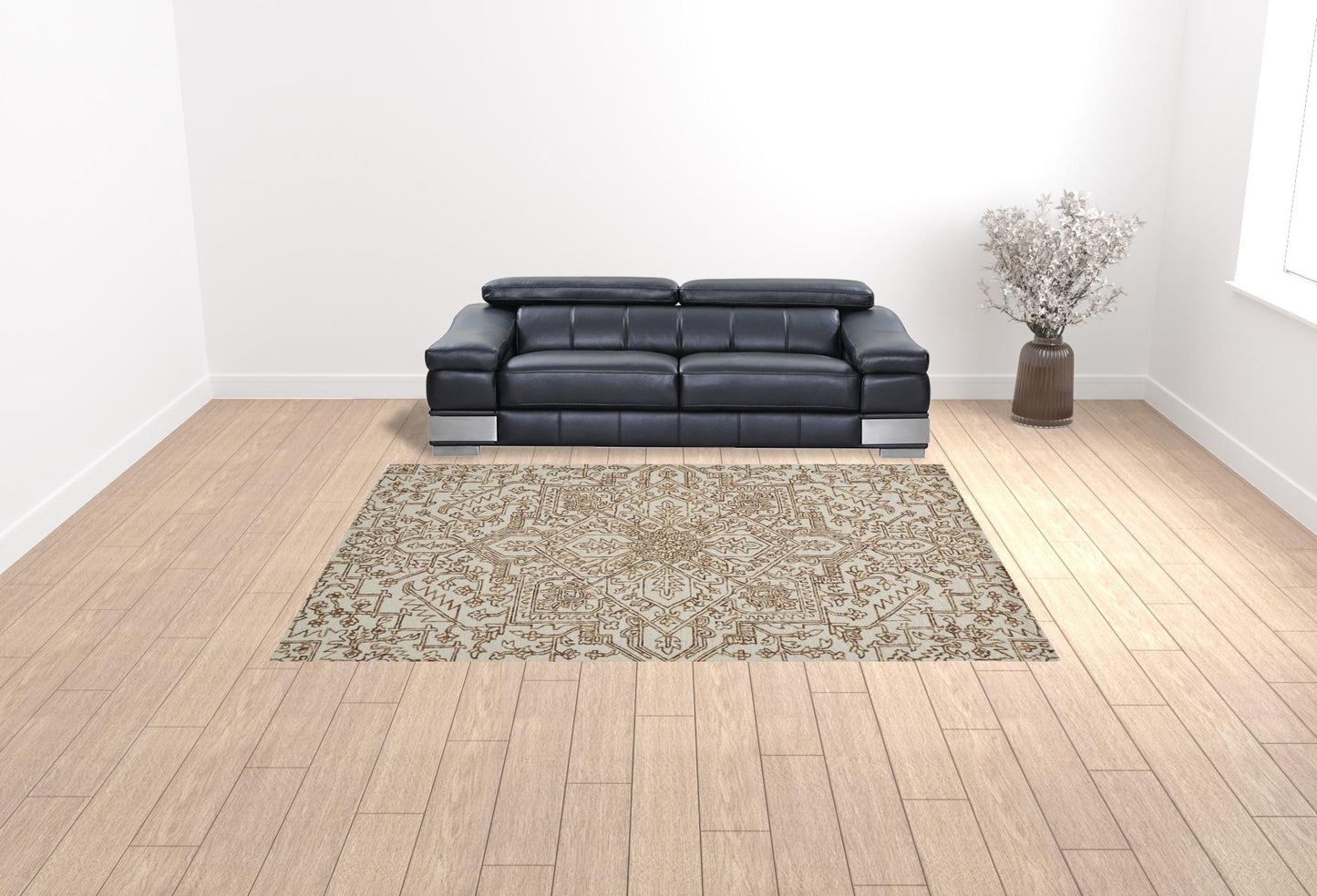 5' X 8' Ivory And Brown Wool Floral Tufted Handmade Stain Resistant Area Rug