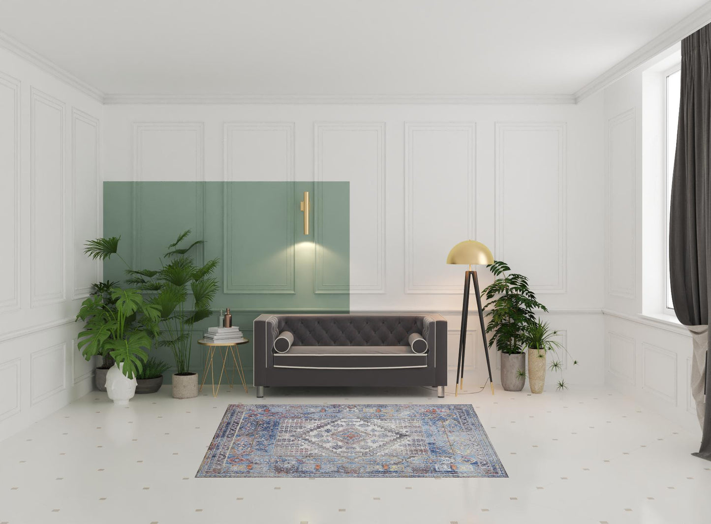4' X 6' Blue Gray And Ivory Floral Stain Resistant Area Rug