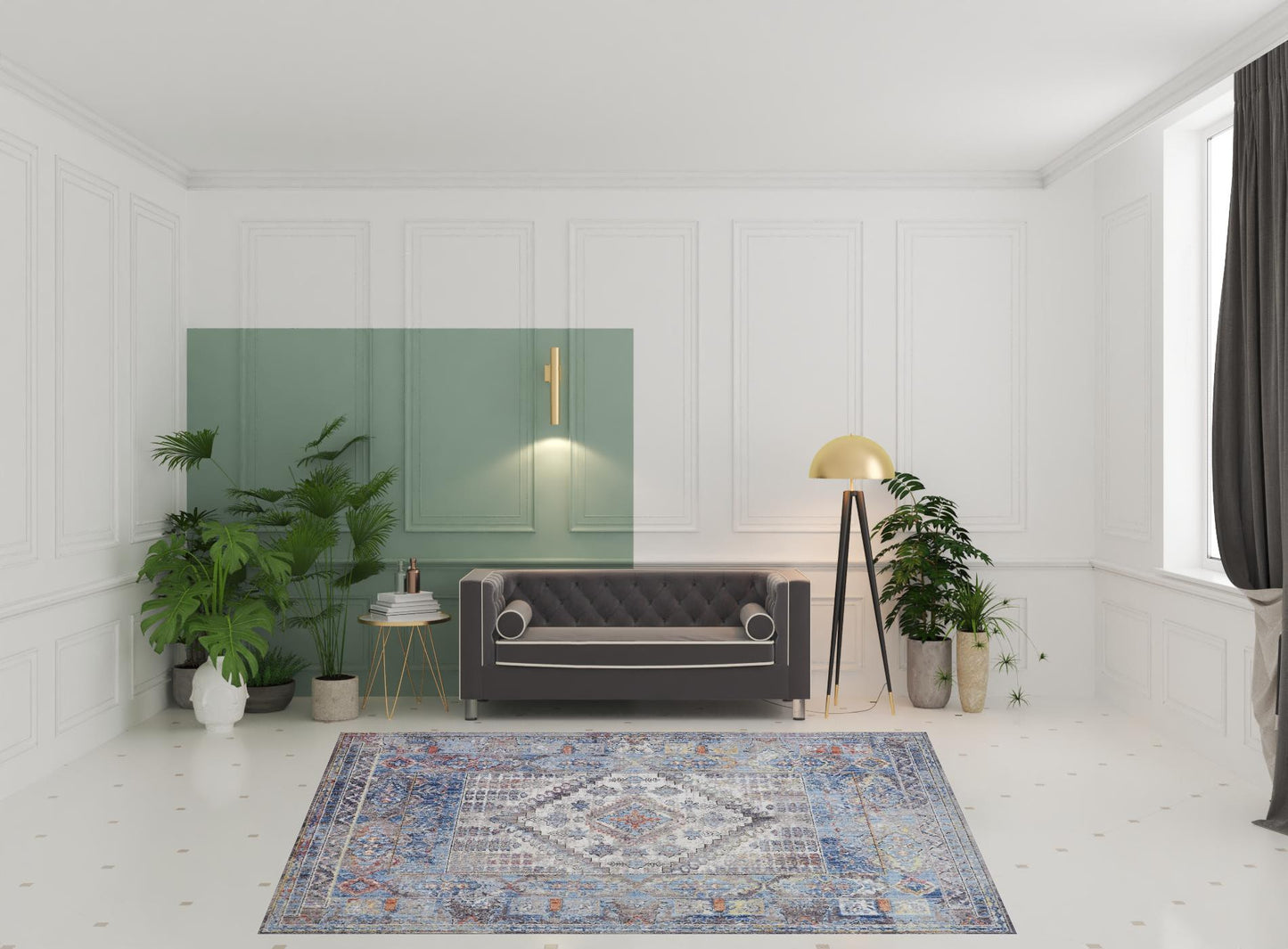 4' X 6' Blue Gray And Ivory Floral Stain Resistant Area Rug