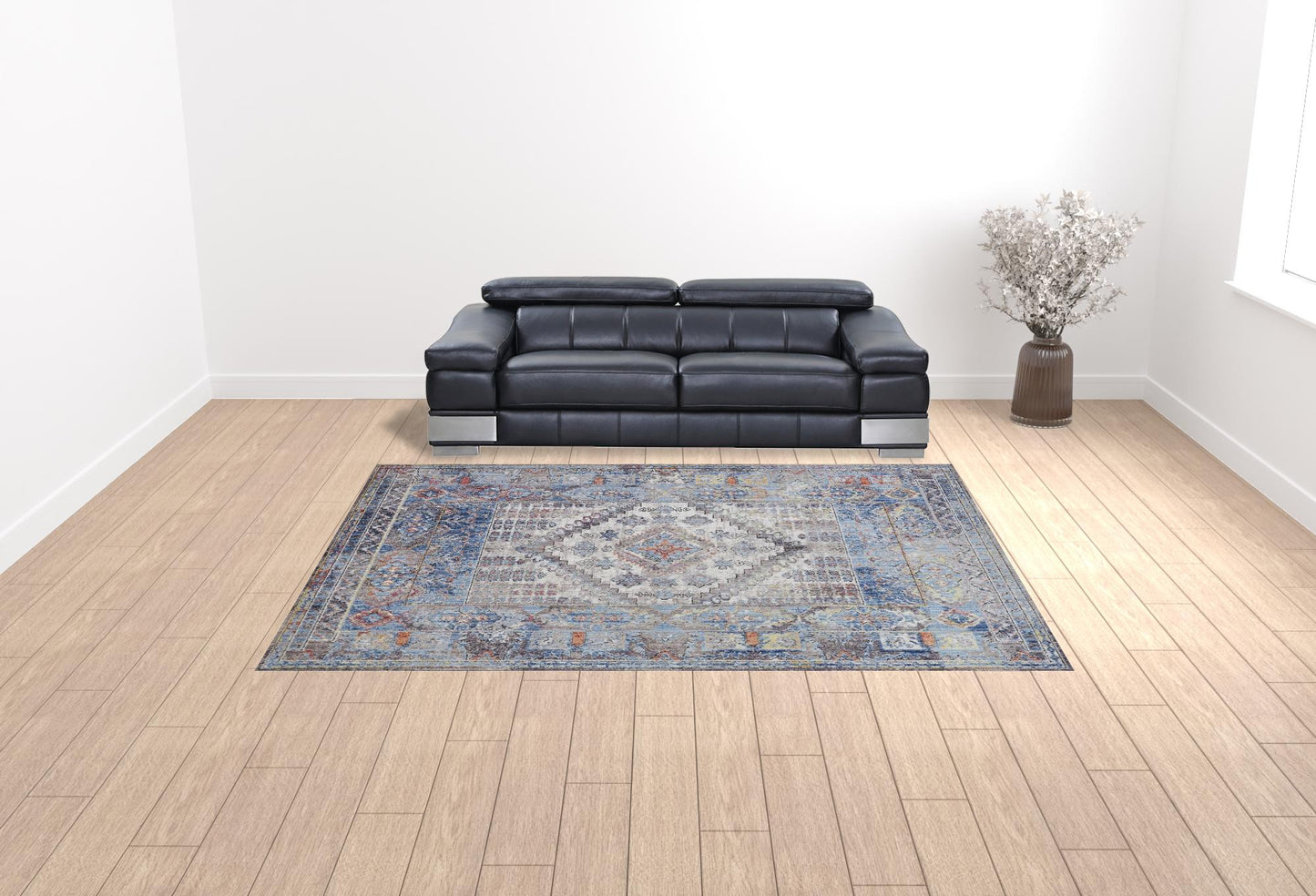 4' X 6' Blue Gray And Ivory Floral Stain Resistant Area Rug