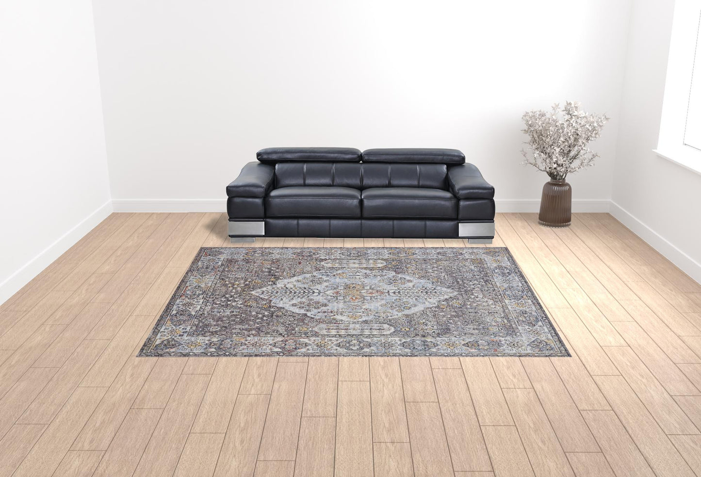 10' X 13' Gray Blue And Gold Floral Stain Resistant Area Rug