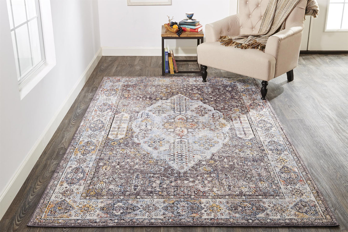 10' X 13' Gray Blue And Gold Floral Stain Resistant Area Rug