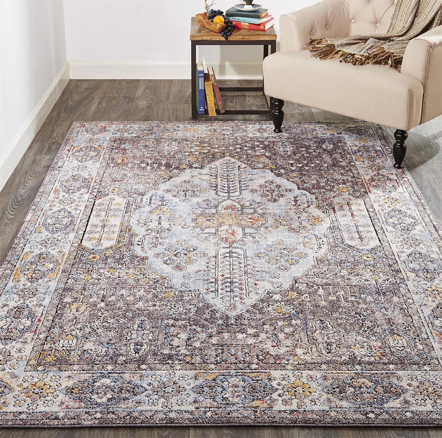 10' X 13' Gray Blue And Gold Floral Stain Resistant Area Rug