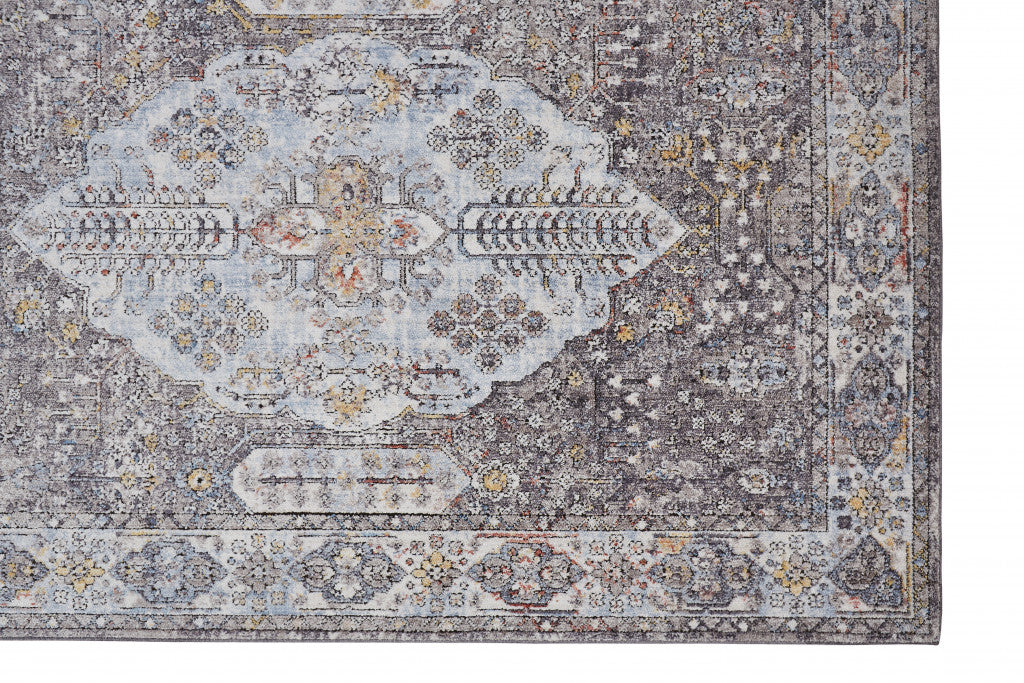 10' X 13' Gray Blue And Gold Floral Stain Resistant Area Rug