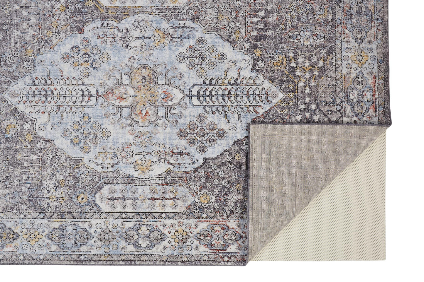 10' X 13' Gray Blue And Gold Floral Stain Resistant Area Rug