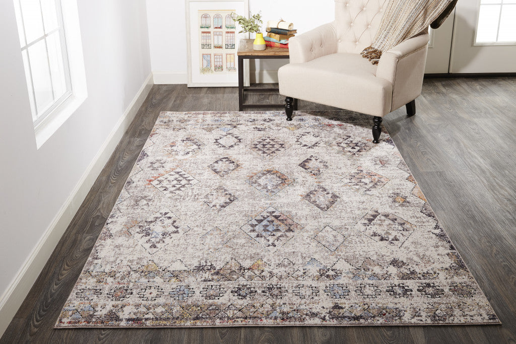 4' X 6' Gray Taupe And Blue Geometric Stain Resistant Area Rug