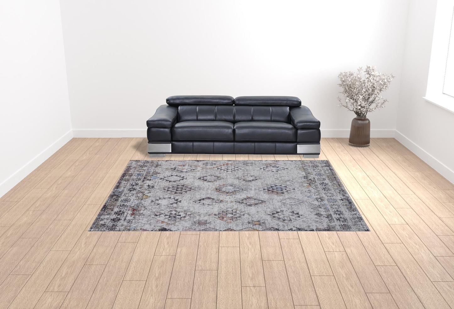 4' X 6' Gray Taupe And Blue Geometric Stain Resistant Area Rug