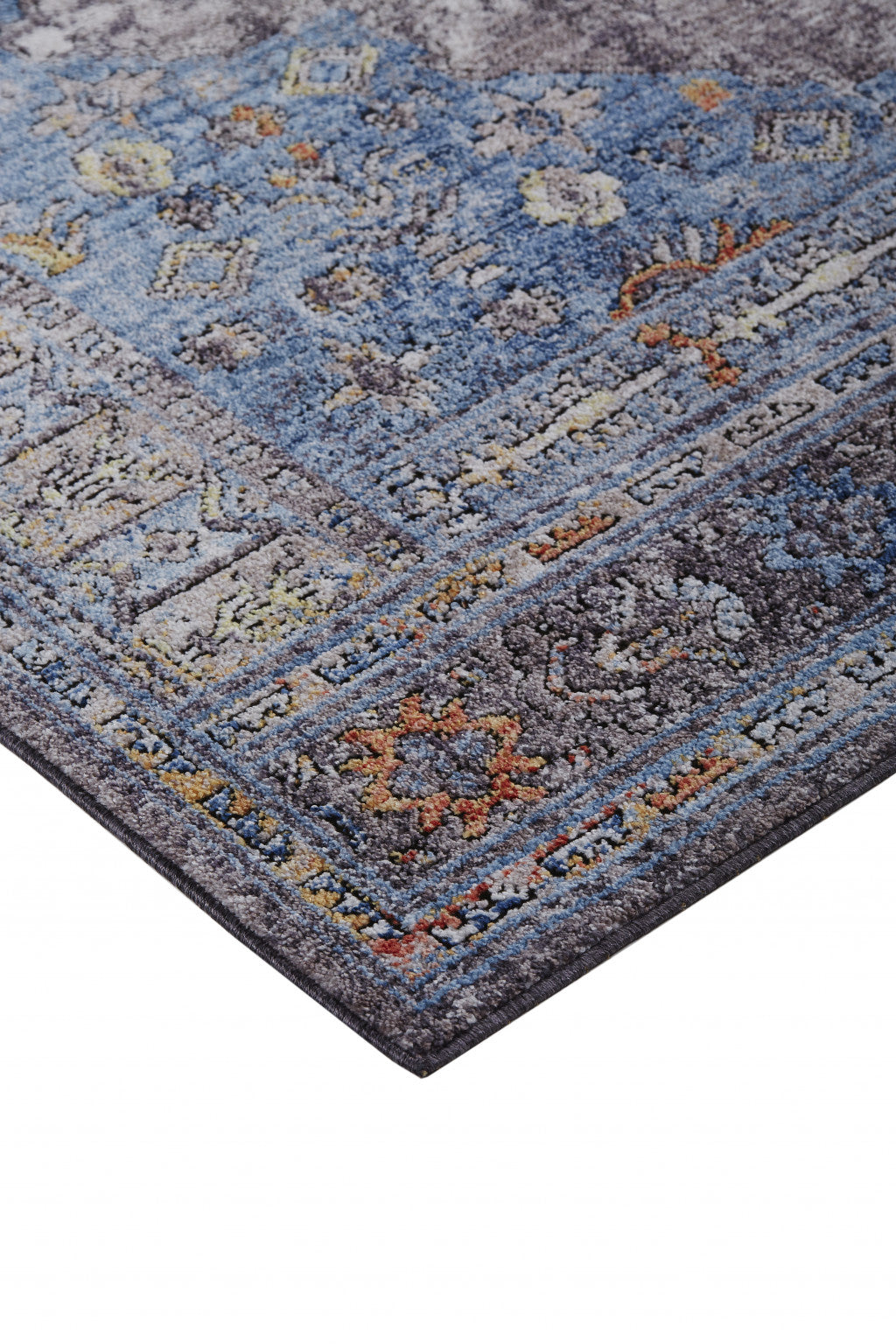 5' X 8' Blue Gray And Gold Floral Stain Resistant Area Rug