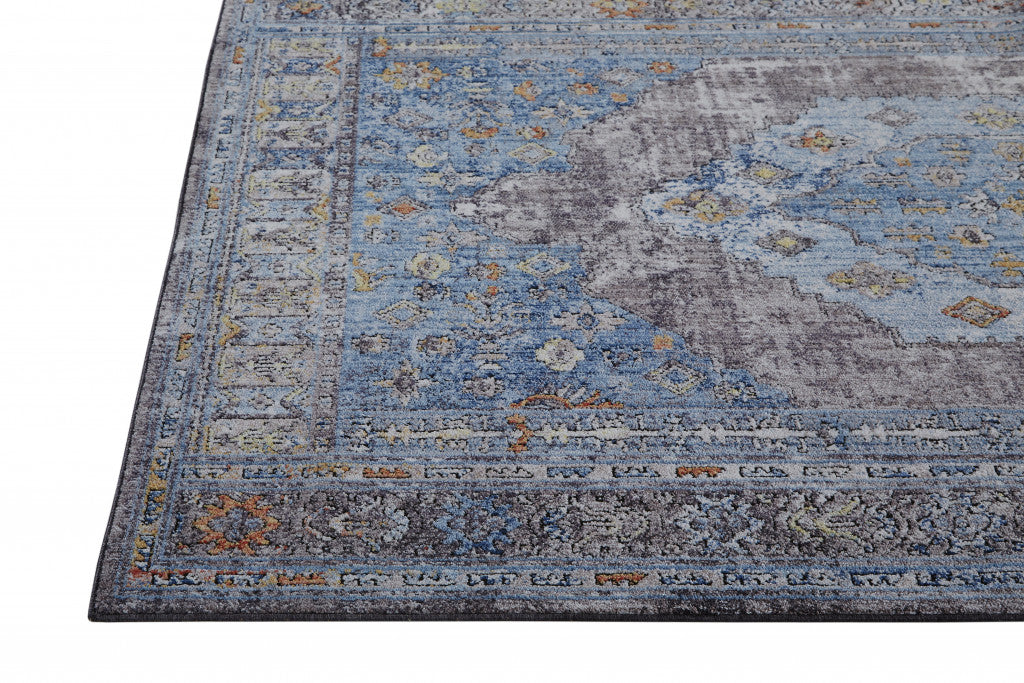 5' X 8' Blue Gray And Gold Floral Stain Resistant Area Rug