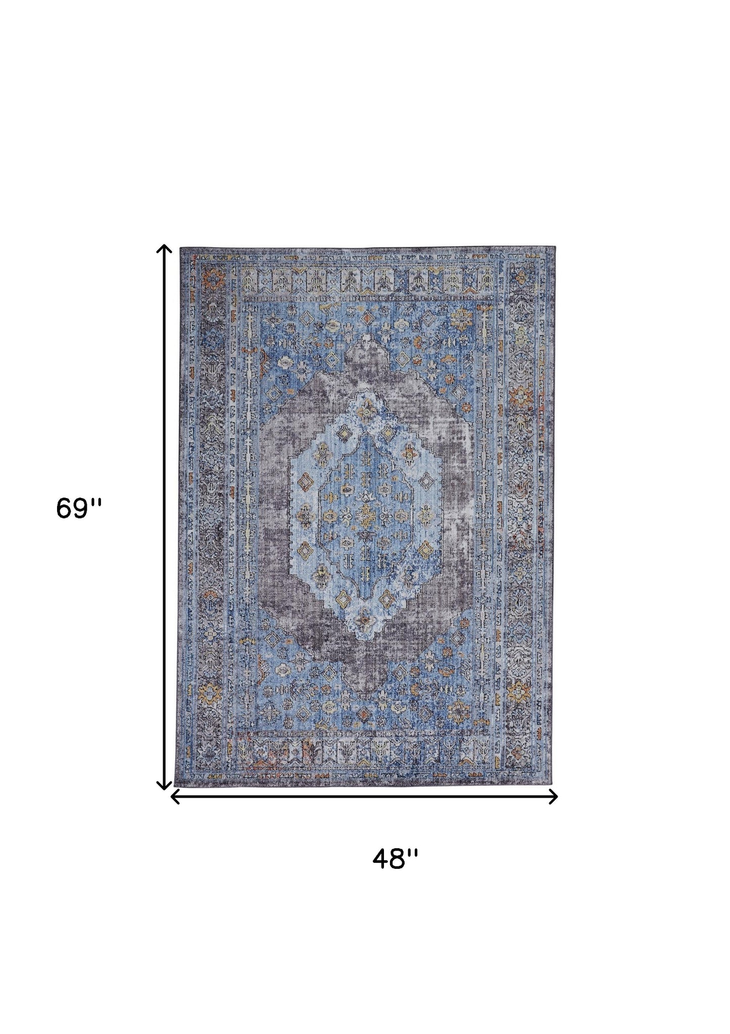 5' X 8' Blue Gray And Gold Floral Stain Resistant Area Rug