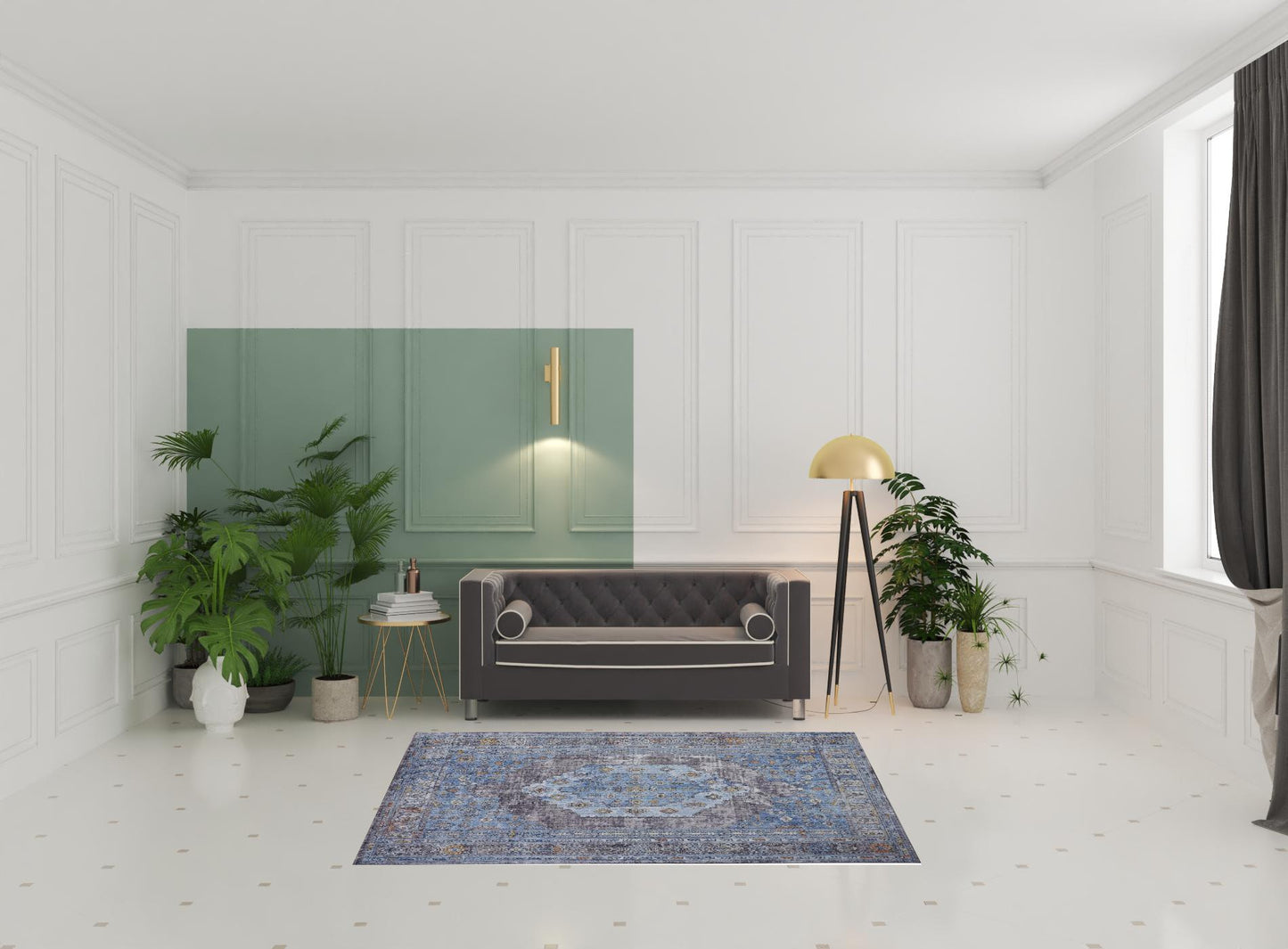 5' X 8' Blue Gray And Gold Floral Stain Resistant Area Rug